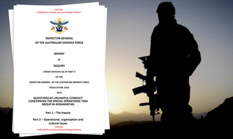 Pages of the Brereton report into allegations of war crimes against members of Australian special forces in Afghanistan.