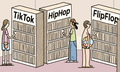 Shoppers looking at bookshelves with the genres TikTok, Hiphop and Flipflop