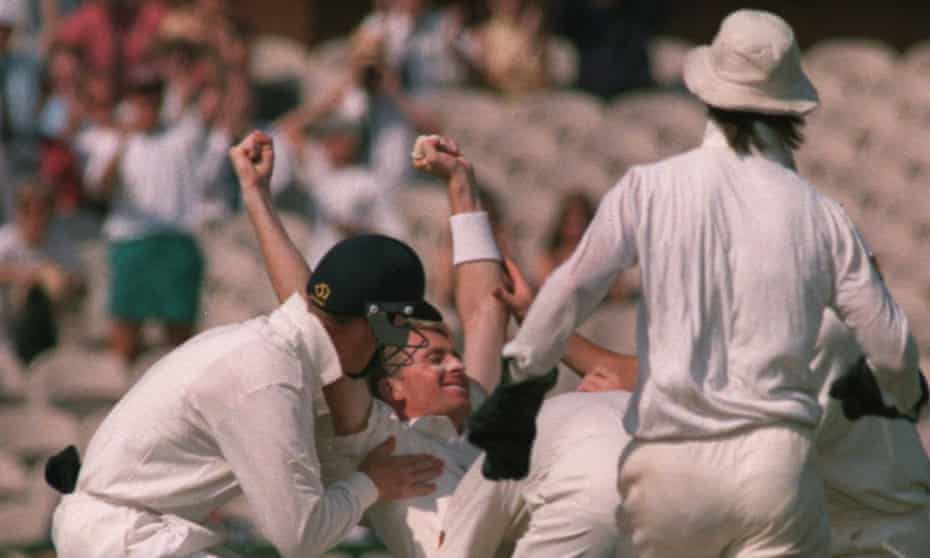 Dominic Cork celebrates his hat-trick wicket against West Indies in 1995.