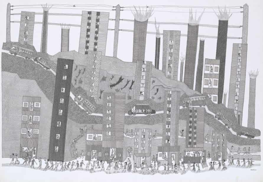 “Cityscape” by Prakash Jogi (2017), ink on paper.