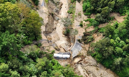 A truck stuck on a road covered with debris near Wairoa on the east coast of New Zealand's North Island