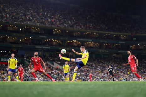 Alexander Bernhardsson of Sweden clears the ball as we get back underway in Monterrey.