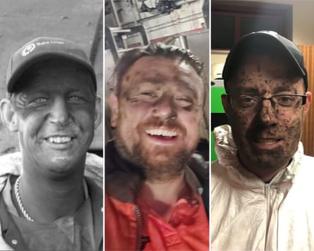 Micky Steeds, centre, with two of his colleagues covered in black dirt, dust and grime