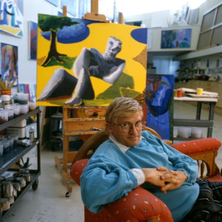 On a chaise longue in his home, Los Angeles, California, 1987.
