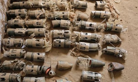 Some of the UK-manufactured cluster bomblets gathered in northern Yemen