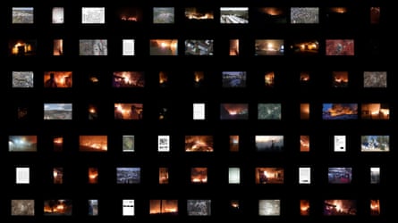 A series of video stills of the fire at Moria.
