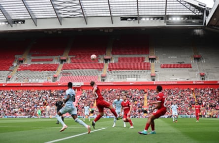 19 August 2023 A general view of empty seats, due to the re-development of Anfield, during a match between Liverpool and Bourneouth.