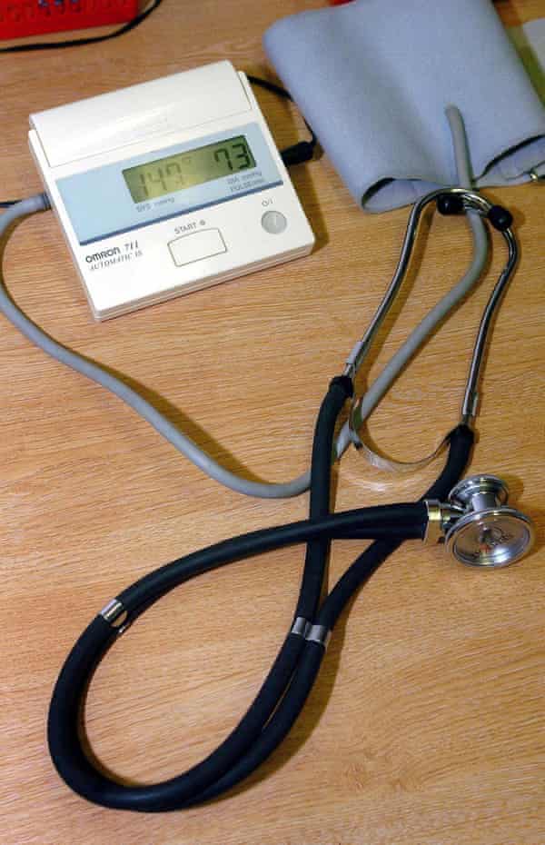 A GP’s stethoscope and a sphygmomanometer blood pressure measuring device