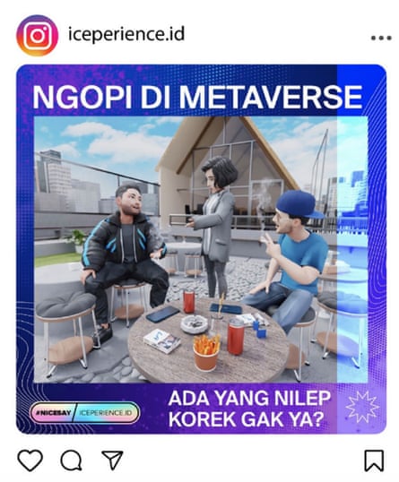 Two male avatars sit smoking at a table outside a house. A female avatar stands between them. A caption reads ‘Ngopi di metaverse. Ada yang nilep korek gak ya?’