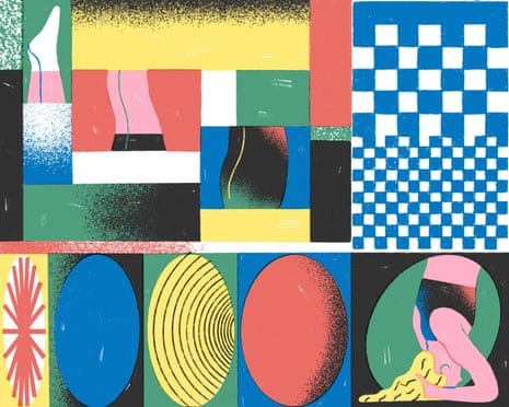 illustration with colorful shapes and close-up of person doing yoga poses