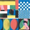 illustration with colorful shapes and close-up of person doing yoga poses