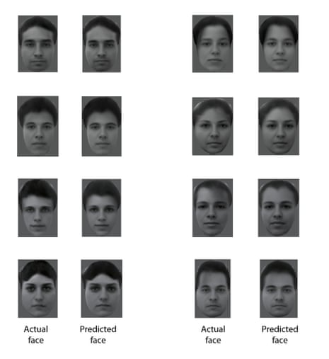This figure shows eight different real faces that were presented to a monkey, together with reconstructions made by analysing electrical activity from 205 neurons recorded while the monkey was viewing the faces.