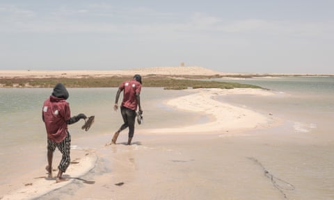 Scientists and students working on eDNA sampling walk along the shore of the Banc d'Arguin national park in Mauritania.