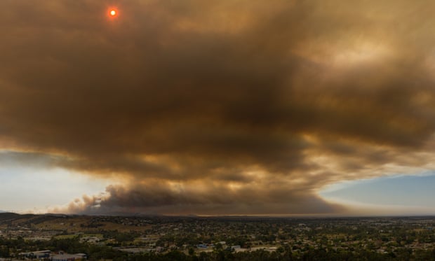 A drone image of the view looking east from Pakenham in Victoria towards the bushfires on Saturday.