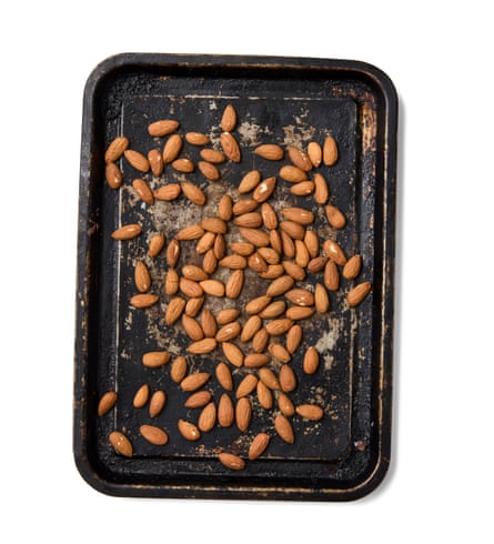 Almonds in a baking tray.