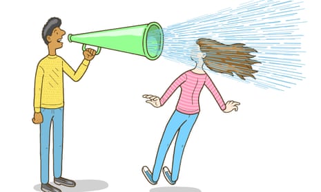 An illustration of a woman falling back as she is blasted by the sound of a man talking through a megaphone