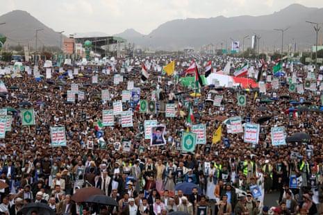 Houthi supporters take part in a protest against US-Israeli attacks on Iran, in Sana’a, Yemen, 06 March 2026.