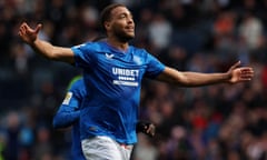 Cyriel Dessers celebrates scoring with his arms outstretched at Hampden Park