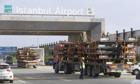 Trucks carrying equipment from Atatürk international airport arrive at the new Istanbul airport, set to be the busiest in the world.