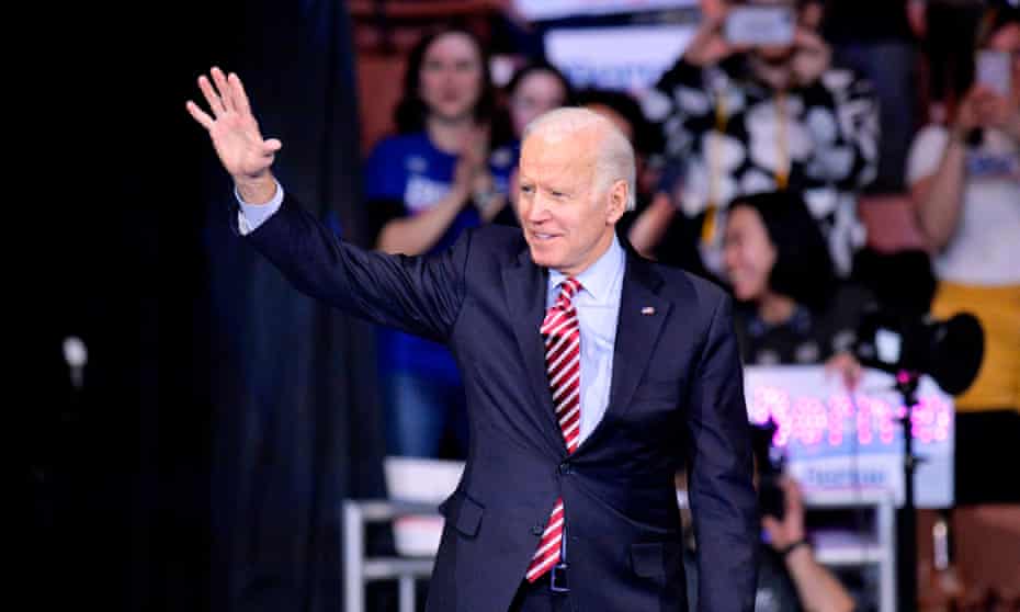 Joe Biden arrives to address the Democratic party’s 61st annual McIntyre-Shaheen 100 Club dinner in Manchester, New Hampshire, on 8 February. 