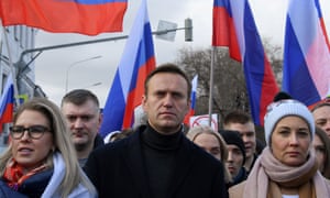 Alexei Navalny, his wife Yulia, opposition politician Lyubov Sobol and other demonstrators taking part in a march in memory of murdered Kremlin critic Boris Nemtsov in Moscow in February.