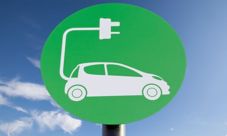 green sign depicting a car charging point against a blue sky background