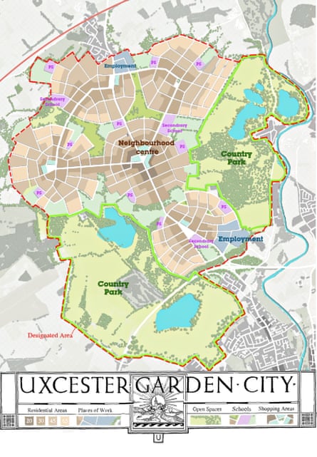 A plan to build a garden city to extend the fictional city of Uxcester, showing how country parks and woodlands could run between new housing developments with shops at the heart of a neighbourhood centre