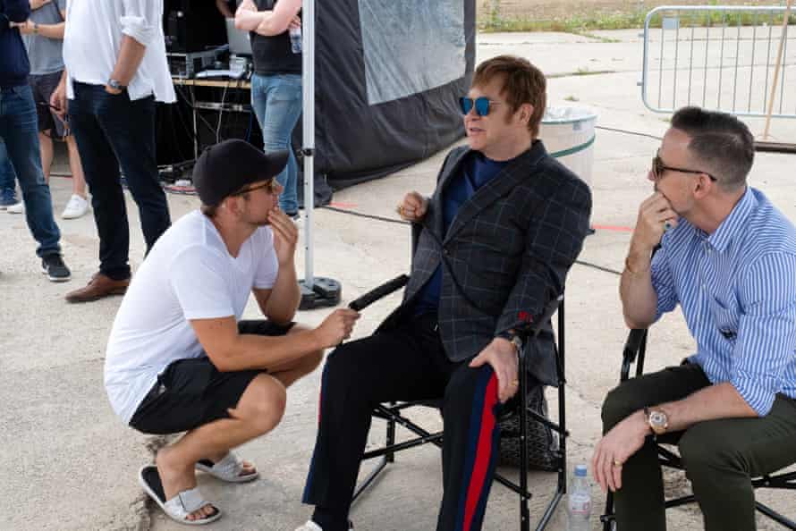Hot seat: Taron Egerton, Elton John and David Furnish on the set of Rocketman.
