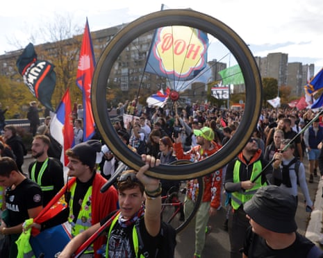 University students, joined by supporters, begin their march from Belgrade, Serbia.