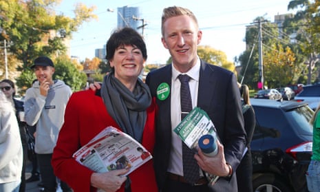 Greens candidate for Higgins Jason Ball poses with Labor’s candidate Fiona McLeod on election day.