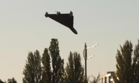 A drone approaches for an attack in Kyiv on October 17.