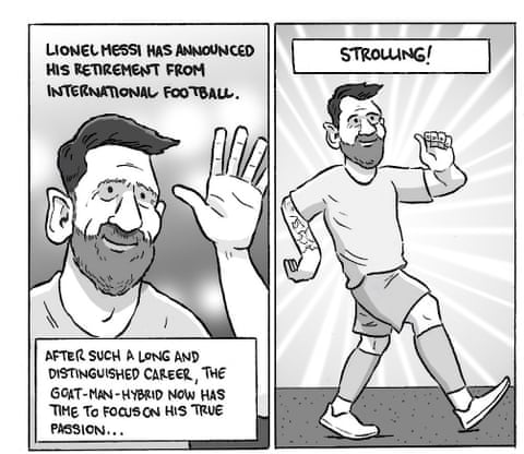 David Squires cartoon showing Lionel Messi strolling throigh various comedic settings , panel 1