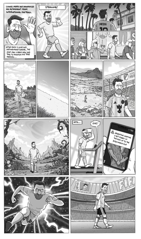 David Squires cartoon showing Lionel Messi strolling throigh various comedic settings , panel 1