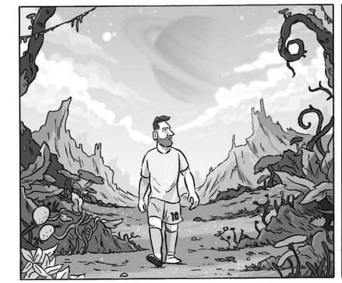 David Squires cartoon showing Lionel Messi strolling throigh various comedic settings , panel 5
