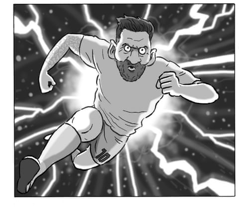 David Squires cartoon showing Lionel Messi strolling throigh various comedic settings , panel 7