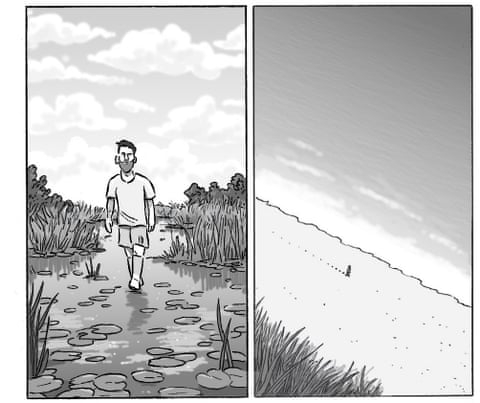 David Squires cartoon showing Lionel Messi strolling throigh various comedic settings , panel 3