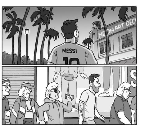 David Squires cartoon showing Lionel Messi strolling throigh various comedic settings , panel 2