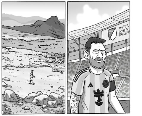 David Squires cartoon showing Lionel Messi strolling throigh various comedic settings , panel 4