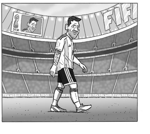 David Squires cartoon showing Lionel Messi strolling throigh various comedic settings , panel 8