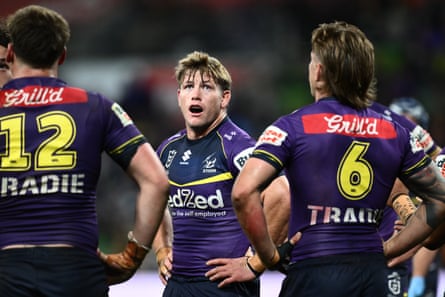 Harry Grant and teammates during the Storm’s defeat to New Zealand Warriors.