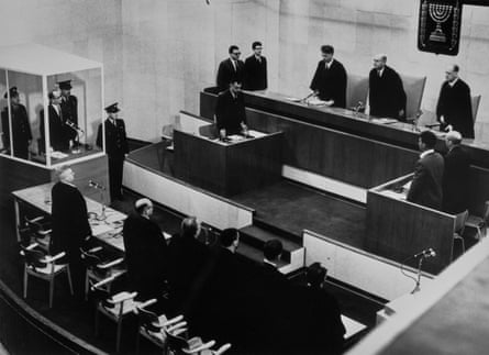 The trial of Adolf Eichmann, in the glass booth, in Jerusalem, December 1961.