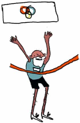 Illustration of a man with a white beard, in sports gear, crossing a finishing line