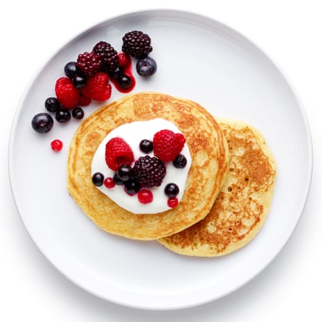 Felicity Cloake’s American pancakes served with fresh fruit and yoghurt. 