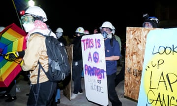 Demonstrators with placards, helmets and masks