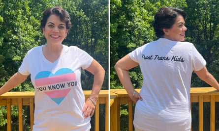 side by side images of rey in t shirt that says “you know you” on the front and “Trust trans kids” on the back