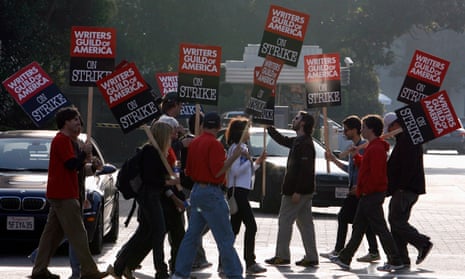 In this 2007 photo, members of the Writers Guild of America walk a picket line at Sony Studios in Culver City.