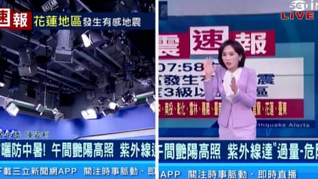 Taiwanese TV anchors continue reading news as earthquake rocks studio – video