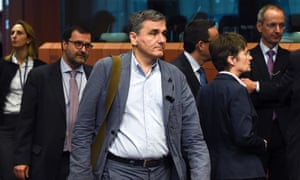 The Greek finance minister, Euclid Tsakalotos, arrives for the eurogroup meeting at the EU headquarters in Brussels.