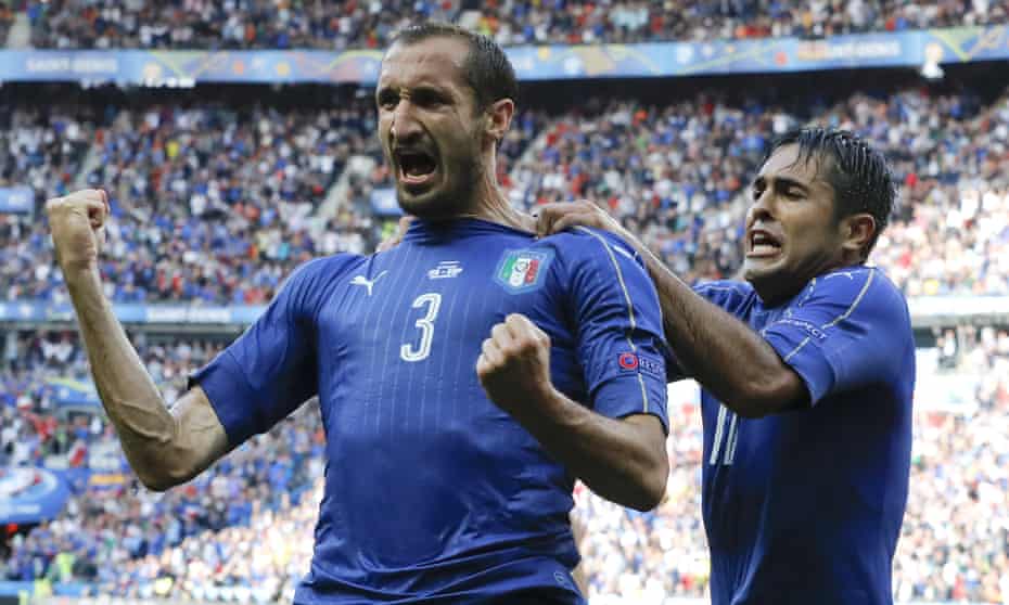 Giorgio Chiellini, left, celebrates with Eder after scoring Italy’s first goal during against Spain at Euro 2016.