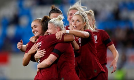 Beth England is at the centre of the celebrations after scoring England’s 10th and final goal in Luxembourg.